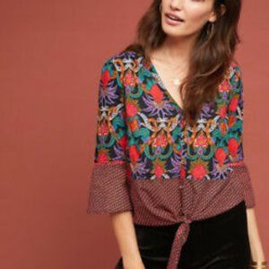 Maeve for Anthropologie Tie Front Floral Blouse 8